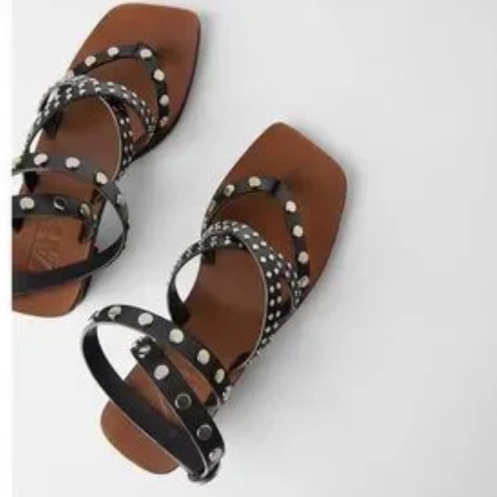 Zara Black Studded Ankle Wrap Sandals Size 38 / 7 or 7.5